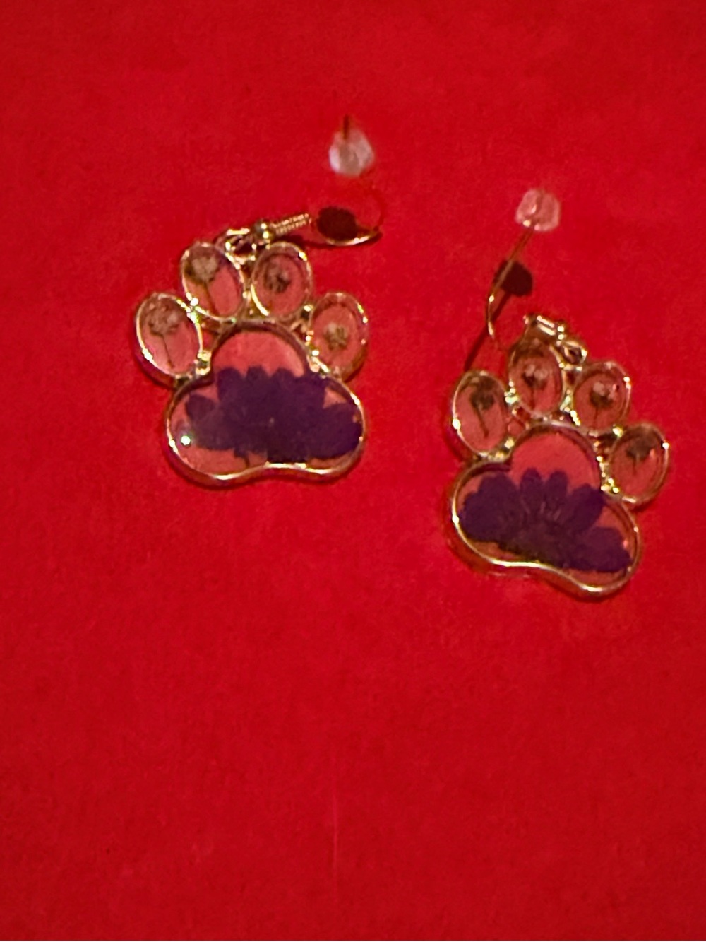 NWOT Gold Paw Print Drop Earrings with Purple Flower Accent - Women Jewelry